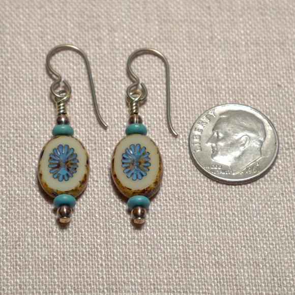 Hand Crafted Handmade Earrings Oval Cream & Blue Czech Glass Petite Earr… - Picture 3 of 5